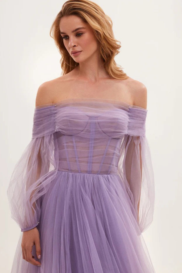 Off Shoulder Mesh Long Sleeved Prom Dress