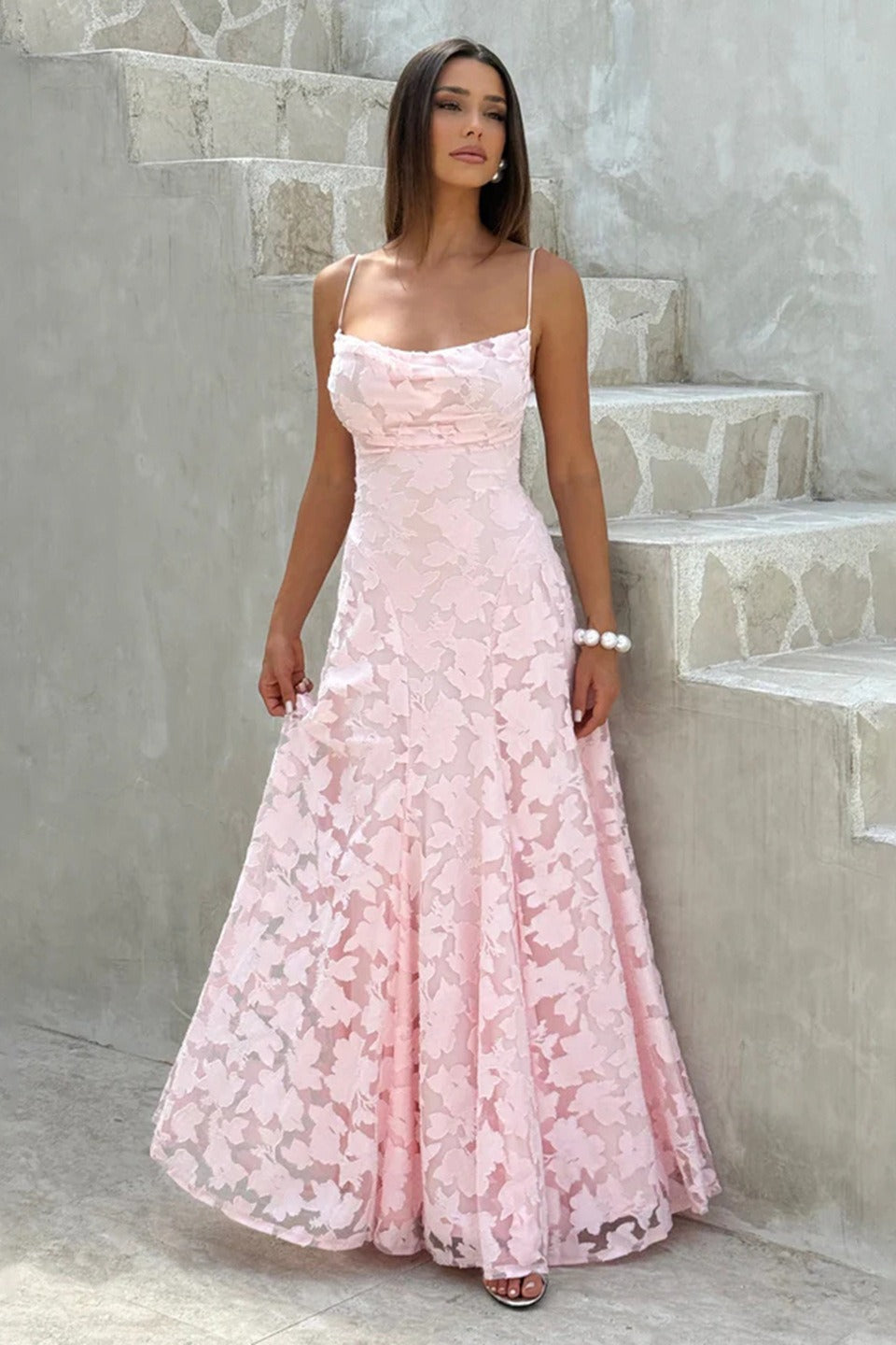 Jacquard Edition Cami Backless Maxi Lace Dress
