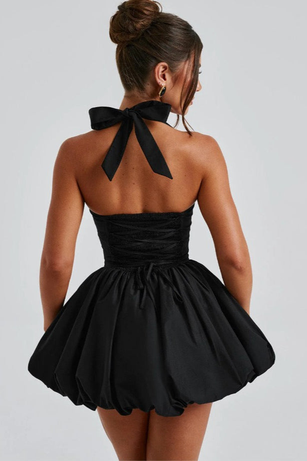 Refined Halter Tie Bow Puffy Hem Mini Dress