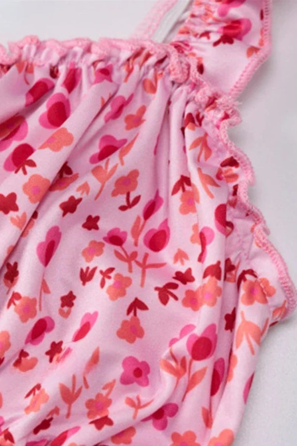 Summer Beach Women's Casual Pink Strap Print Flower Women's Ruched Party Club Midi Dress