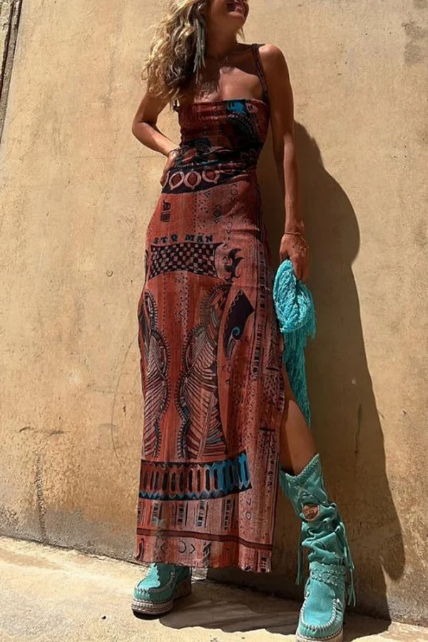 Exclusive Griselda Midi Dress with a Unique Gypsy Style Print, Cowl Neckline At the Back, Lace Up Fastening and Slit Evening Wear Edit