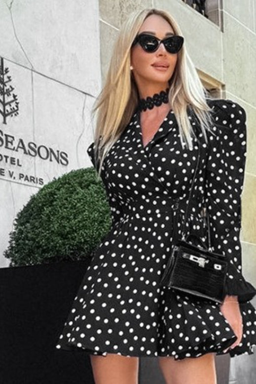 Neck V Puff Sleeve Polka Dot Mini Dress