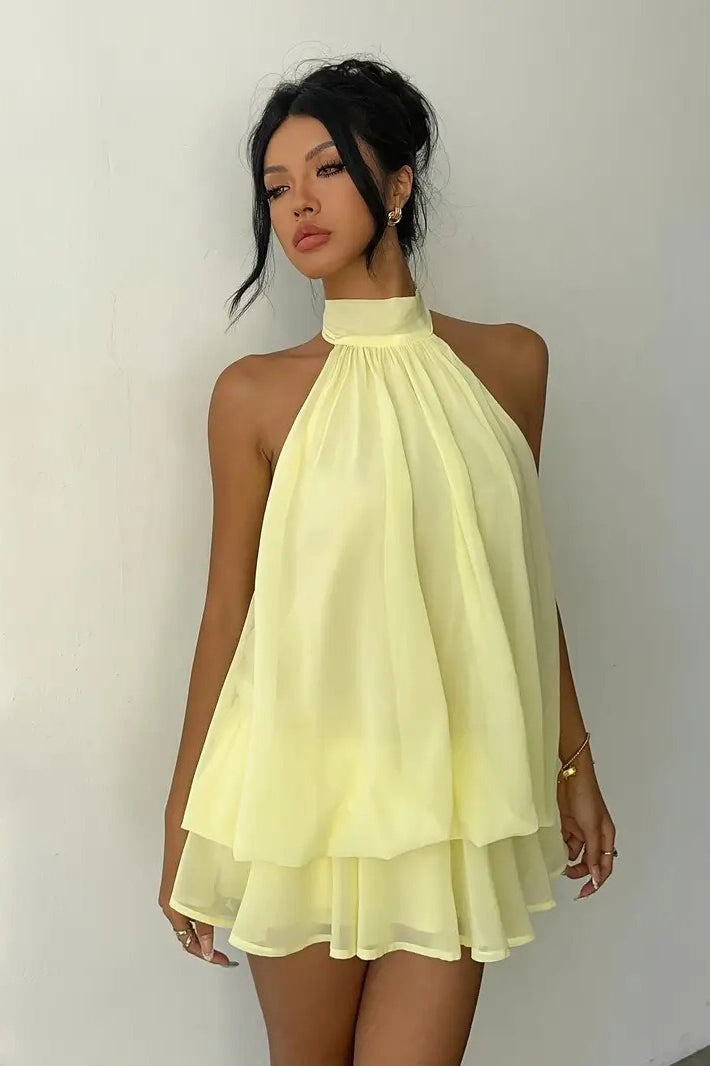 Alluring Backless Halter Tie Waist Slim Fit Ruffled Mini Dress