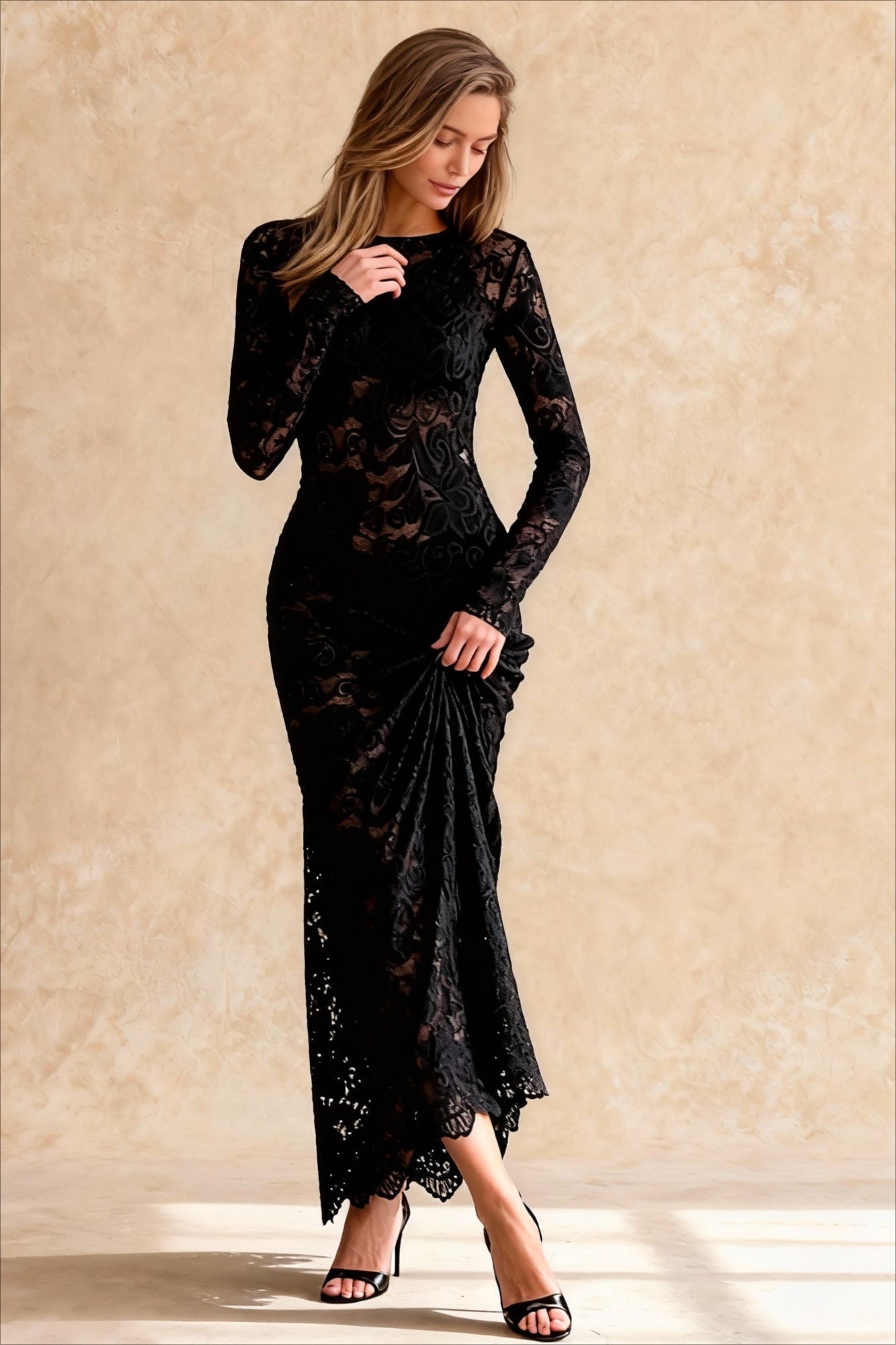 Jacquard Sheer Lace Long Sleeved Mermaid Maxi Dress