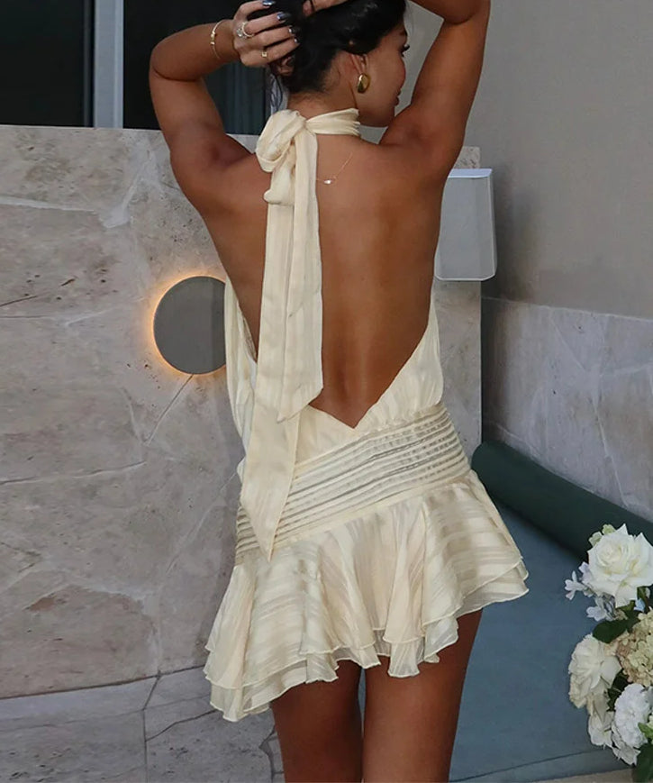 Ruffle Solid LaceUp Backless Mini Dress