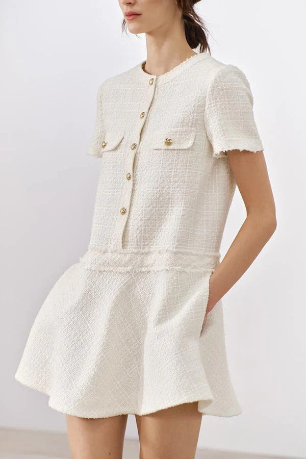 Elevated Rebekah 1960s London Girl Mini Dress in Textured Tweed with Gold Buttons and Short Sleeves and Pockets Boutique Collection