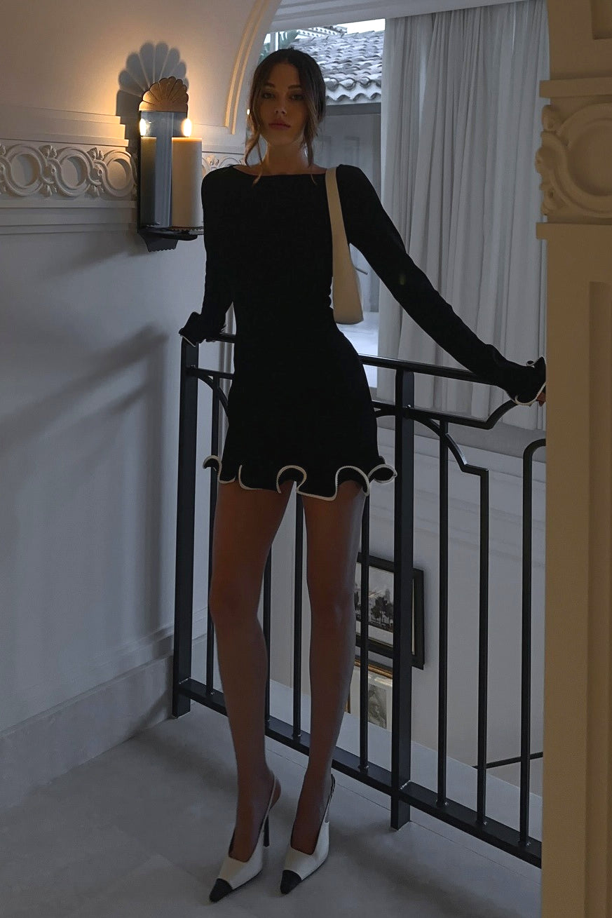 Alluring Fitted Ruffled Wave Edge Long Sleeve Mini Dress
