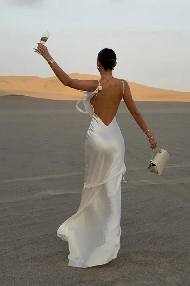 Chic White Satin Backless Maxi Dress