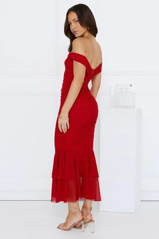 Mermaid Layered Ruched Midi Dress