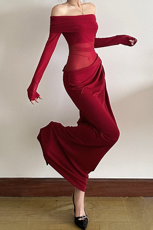 Off Shoulder Sheer Tulle Mesh Slim Fit Graceful Prom Dress