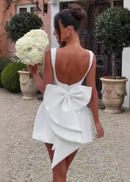 Trimmed Pearl Bow Back Mini Dress Chic Elegance