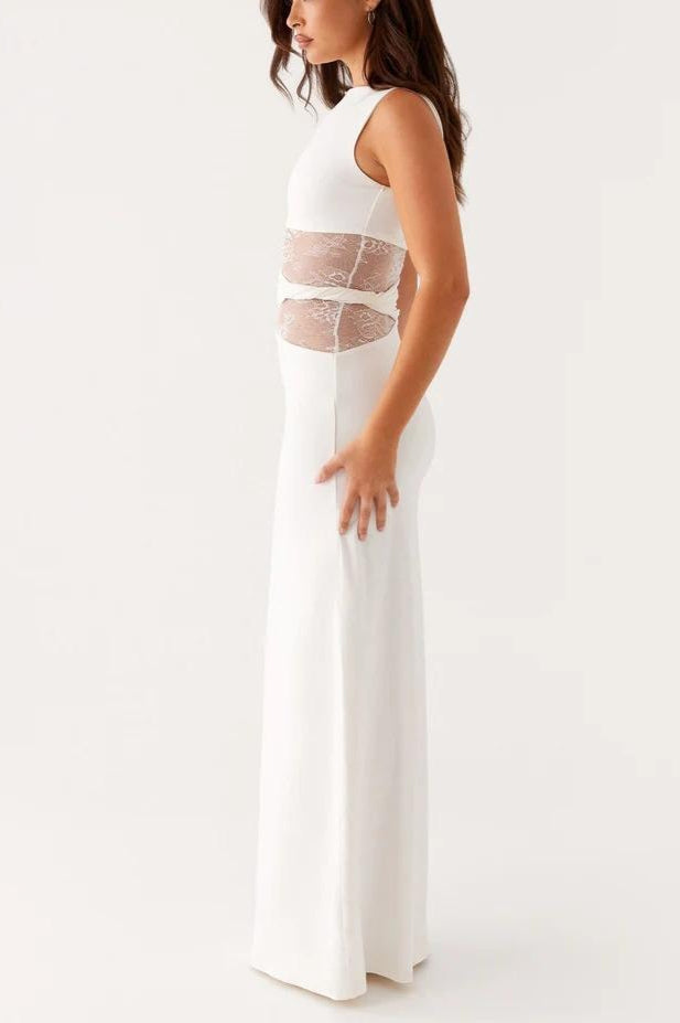 Shaped Sheer Lace Paneled Maxi Lace Dress