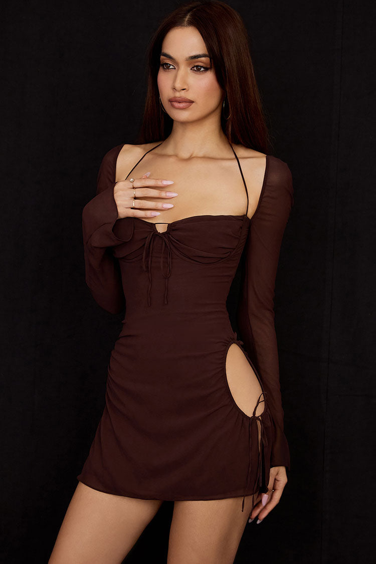 Halter Darling Neck Long Sleeve Cutout Club Mini Dress - Chocolate