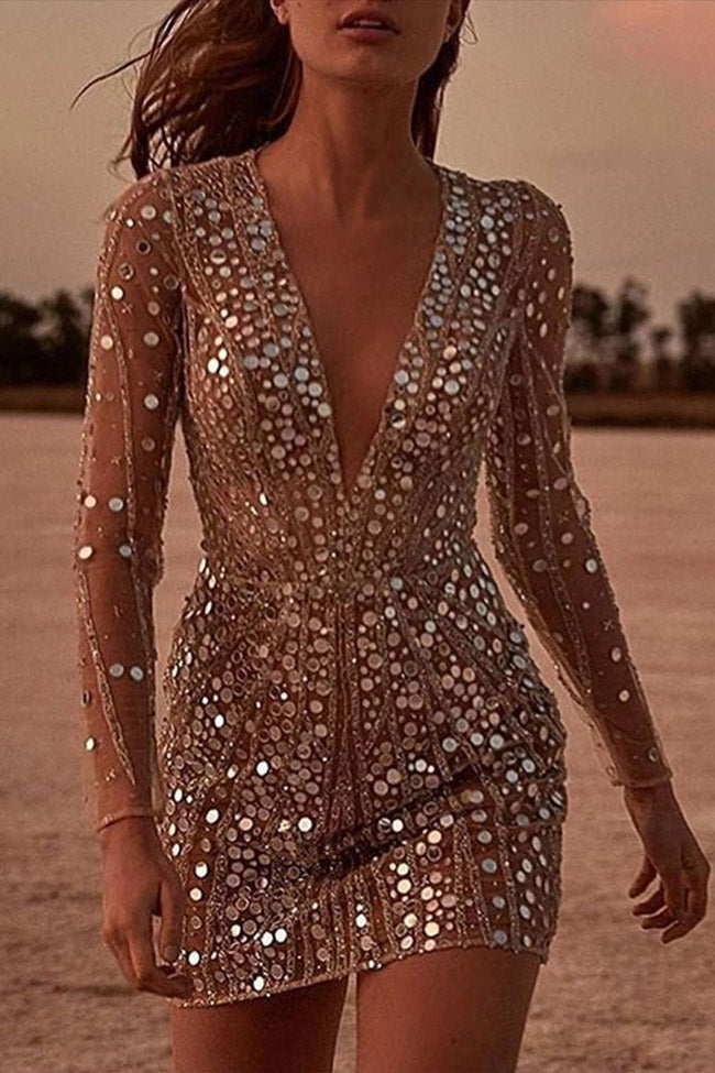 Long Dazzling Sleeve Deep V Neck Mesh Mini Dress - Gold