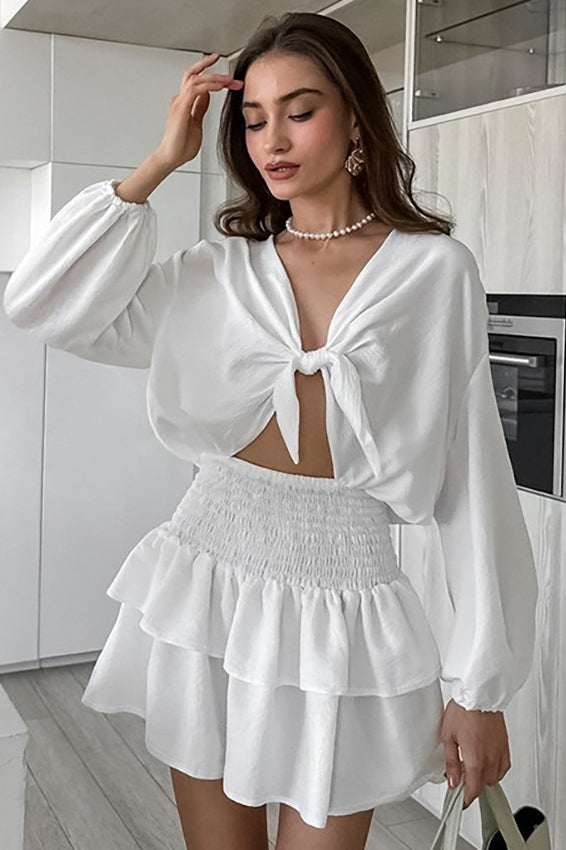 Front Tie White Long Sleeve Mini Dress