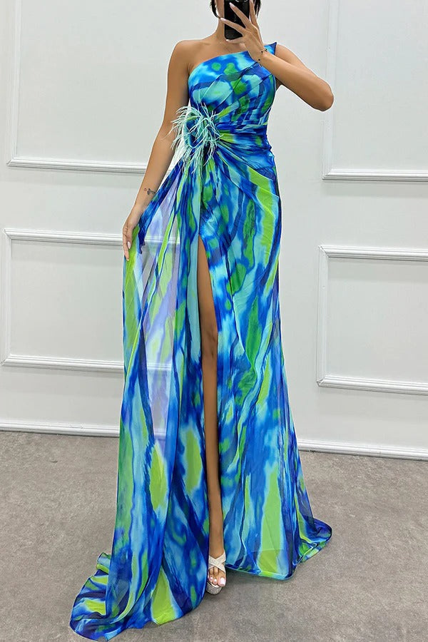 Renee Exclusive Amazing Views Off Shoulder Pleated Slit Maxi Dress with Feather Rose Detail in Watercolor Print Chic Silhouette Collection
