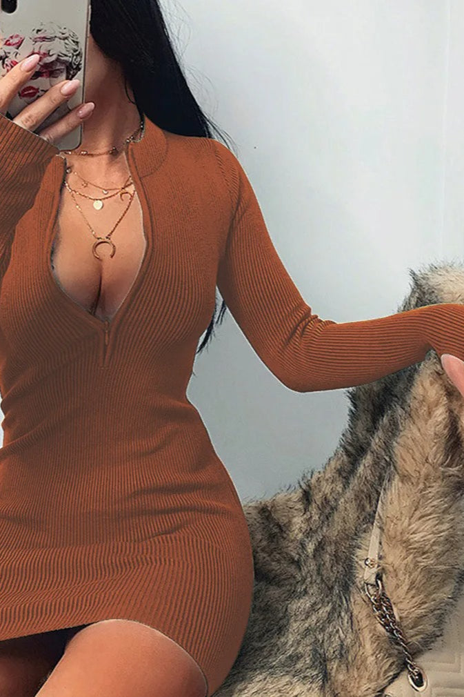 Sleeve Long Rib Knit Mini Dress