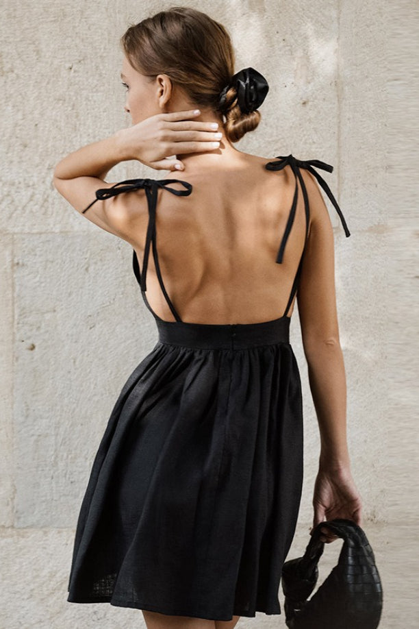 Linen Black V Neck Cami Mini Dress