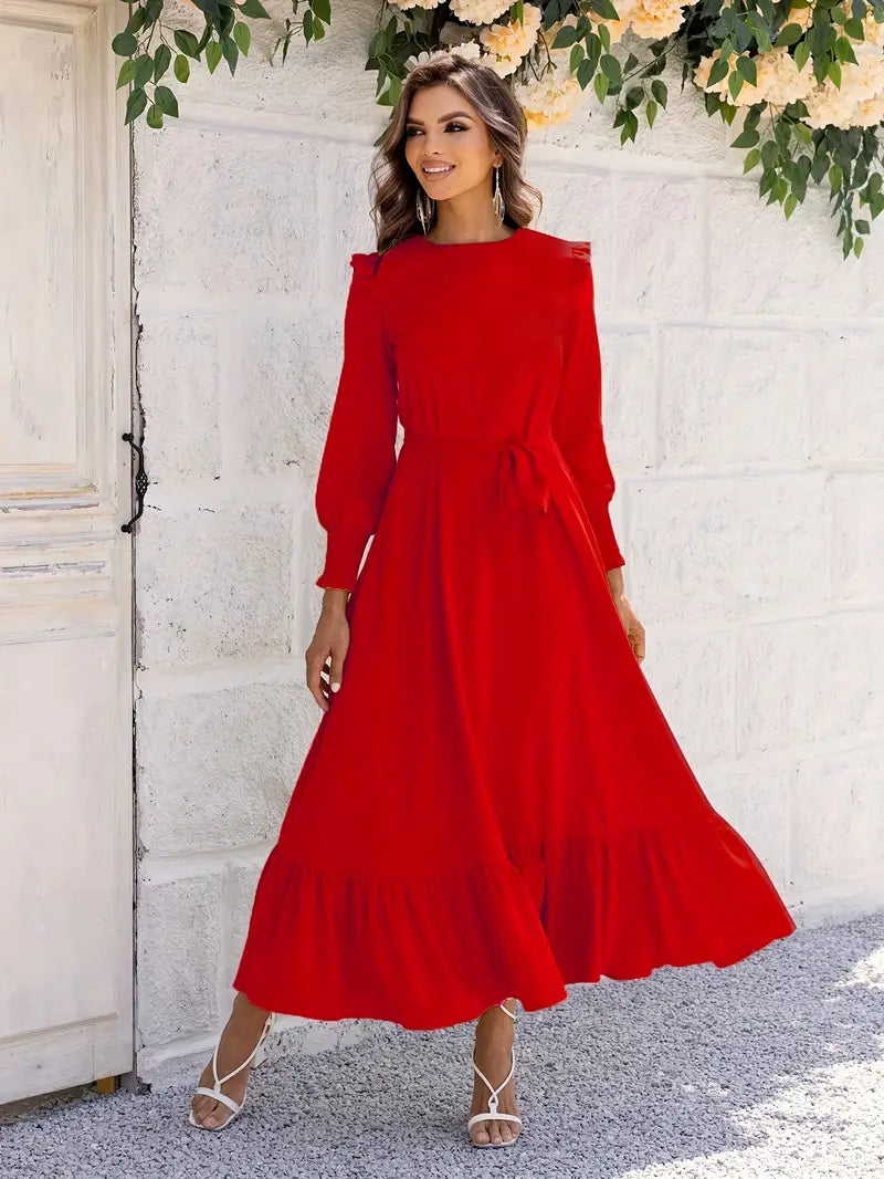 Elvia Minimalist Women's Belted and Flounced Maxi Dress Signature Edit