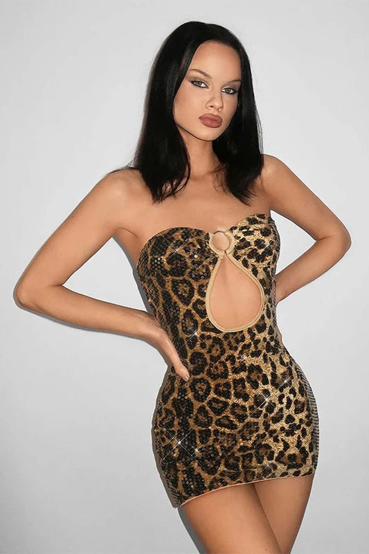 Sequin Leopard Strapless Mini Dress