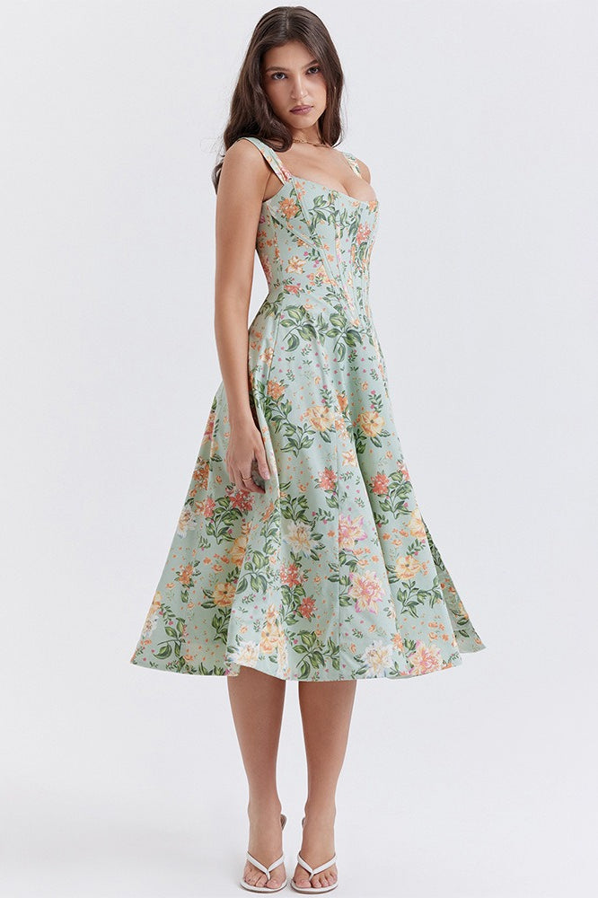 Spaghetti Strap Botanical Ruched Midi Dress