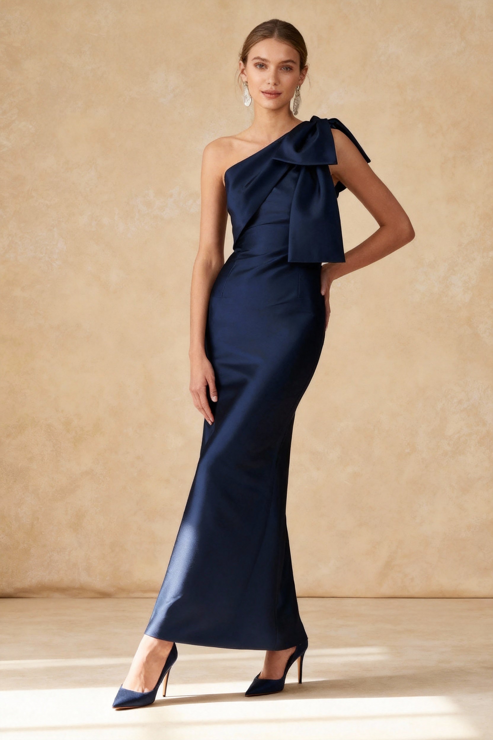 Graceful Long Dark Navy Bow Mermaid Prom Dress