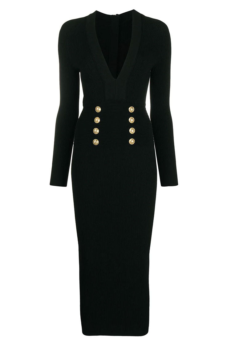 V Deep Button Trim Long Sleeve Cashmere Sweater Midi Dress - Black