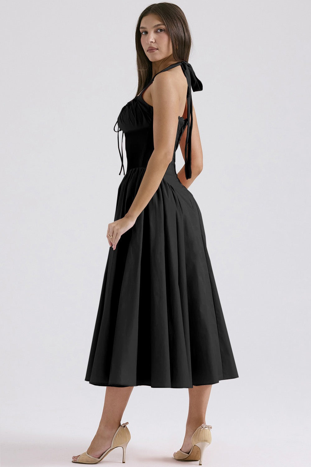Flower Halter Lace Trim Long Sleeveless Prom Dress