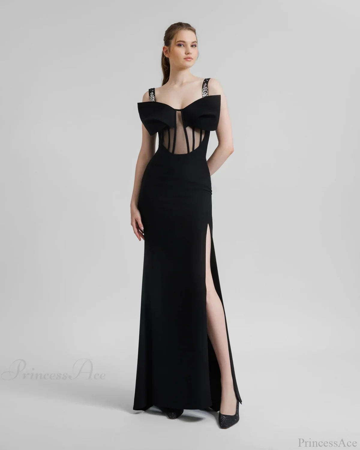 Diamond Strap Bow Slit Graceful Prom Dress