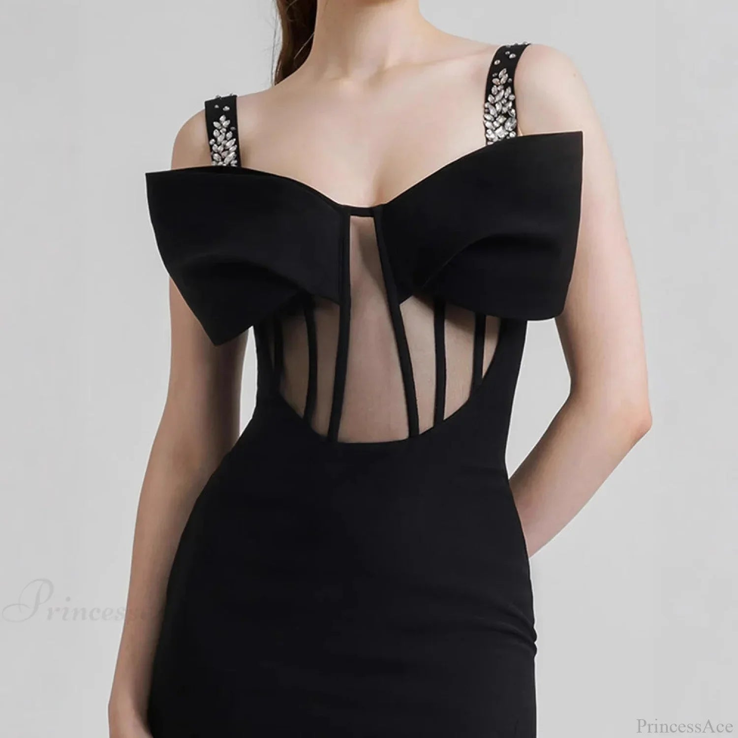 Diamond Strap Bow Slit Graceful Prom Dress
