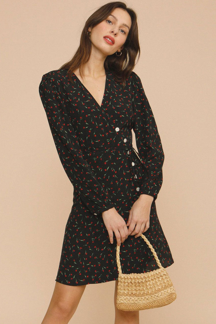 Ditsy Bloom Deep V Puff Sleeve French Wrap Mini Dress - Black