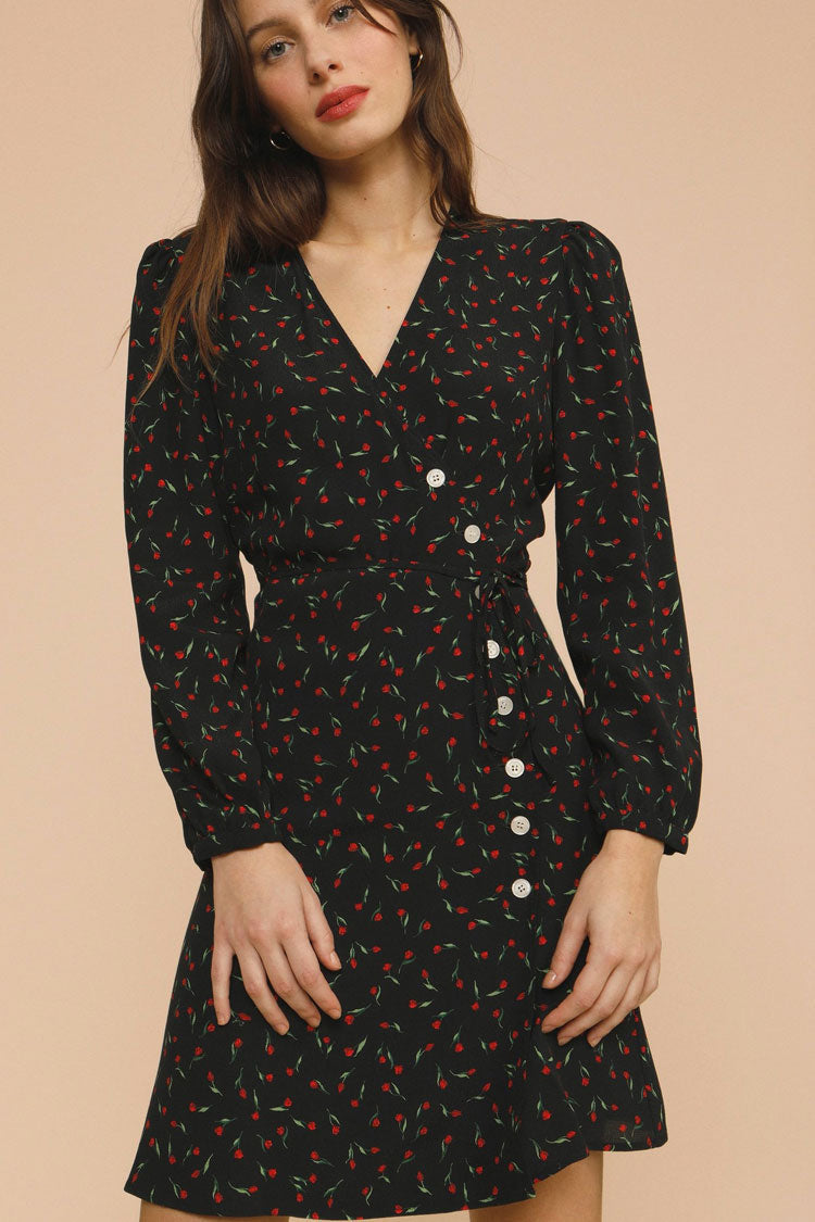Ditsy Bloom Deep V Puff Sleeve French Wrap Mini Dress - Black