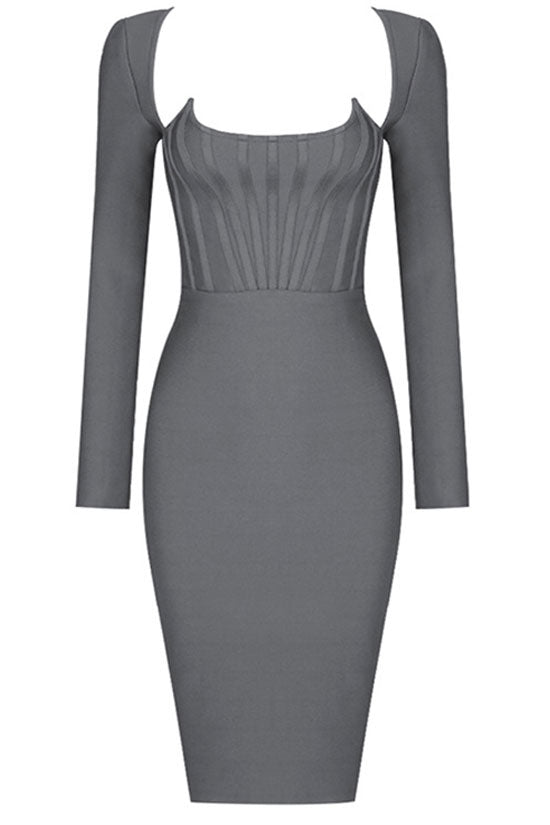 Notch Diva Scoop Neck Long Sleeve Bandage Bodycon Mini Dress - Gray