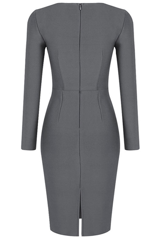 Notch Diva Scoop Neck Long Sleeve Bandage Bodycon Mini Dress - Gray