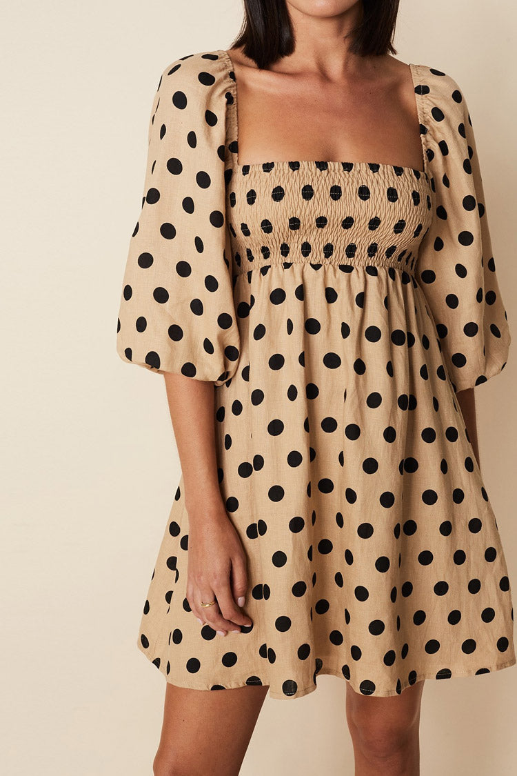 Puff Dotted Sleeve Square Neck Summer Mini Dress - Coffee