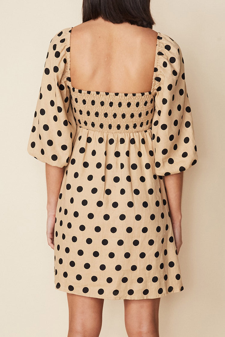 Puff Dotted Sleeve Square Neck Summer Mini Dress - Coffee
