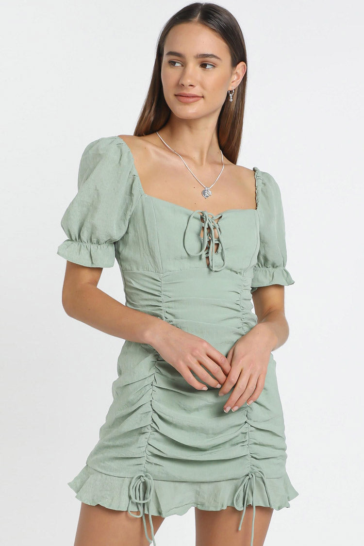 Ruched Drawstring Ruffle Bodycon Mini Dress - Sage Green