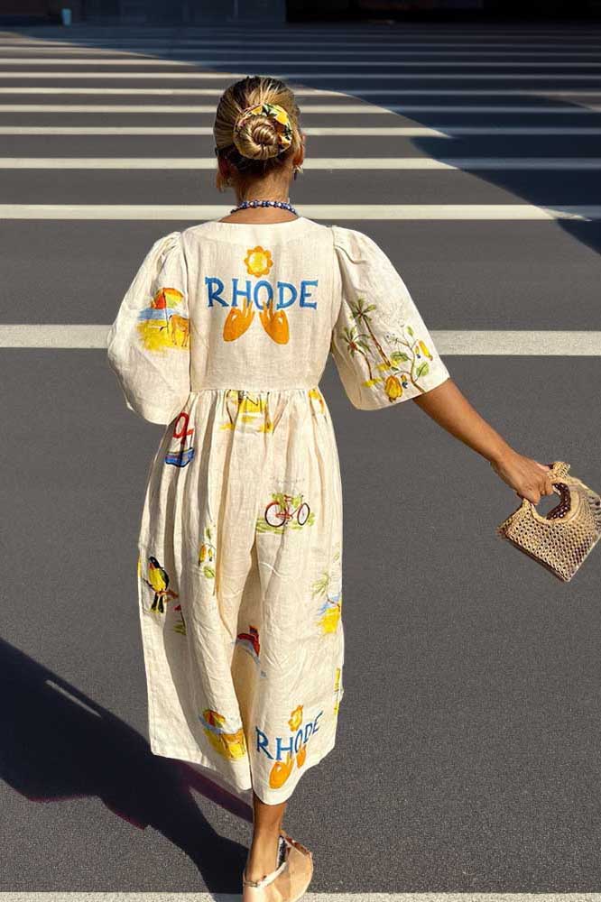 Premium Noelia Printed Linen Midi Dress Elevated Occasion Wear