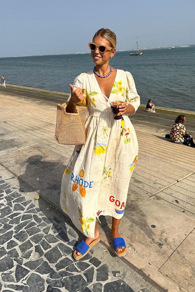 Premium Noelia Printed Linen Midi Dress Elevated Occasion Wear