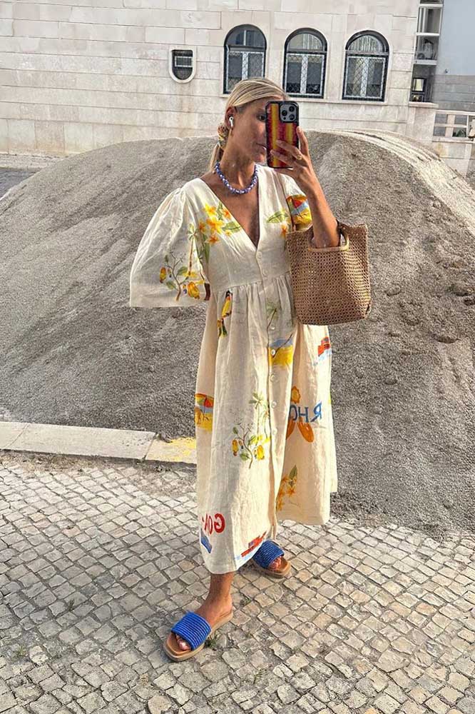 Premium Noelia Printed Linen Midi Dress Elevated Occasion Wear