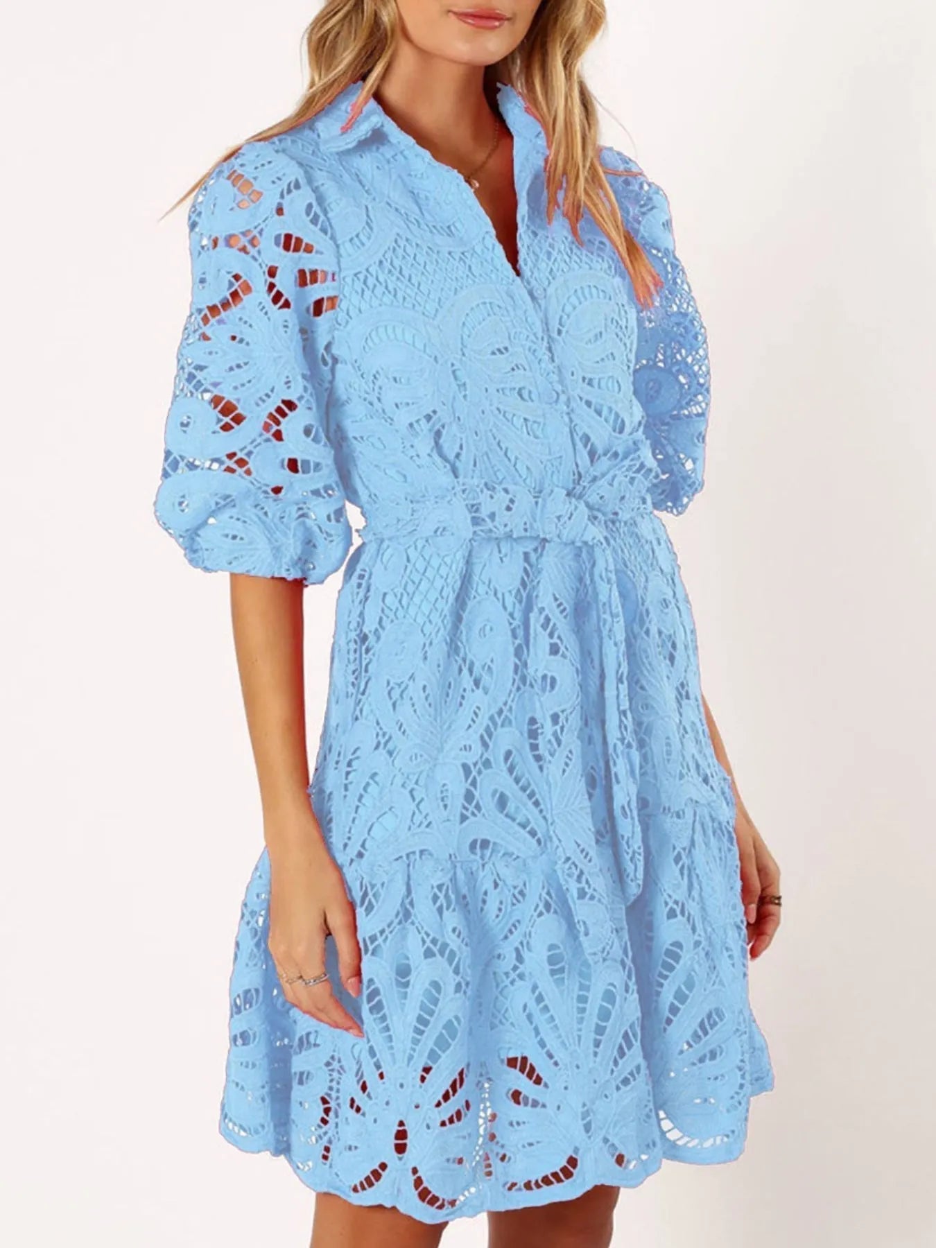 Minimalist Viola Lace Mini Dress with Tie Waist and Half Sleeves Boutique Collection