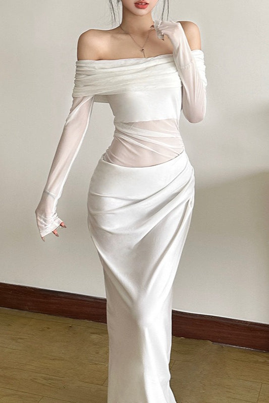 Off Shoulder Sheer Tulle Mesh Slim Fit Graceful Prom Dress
