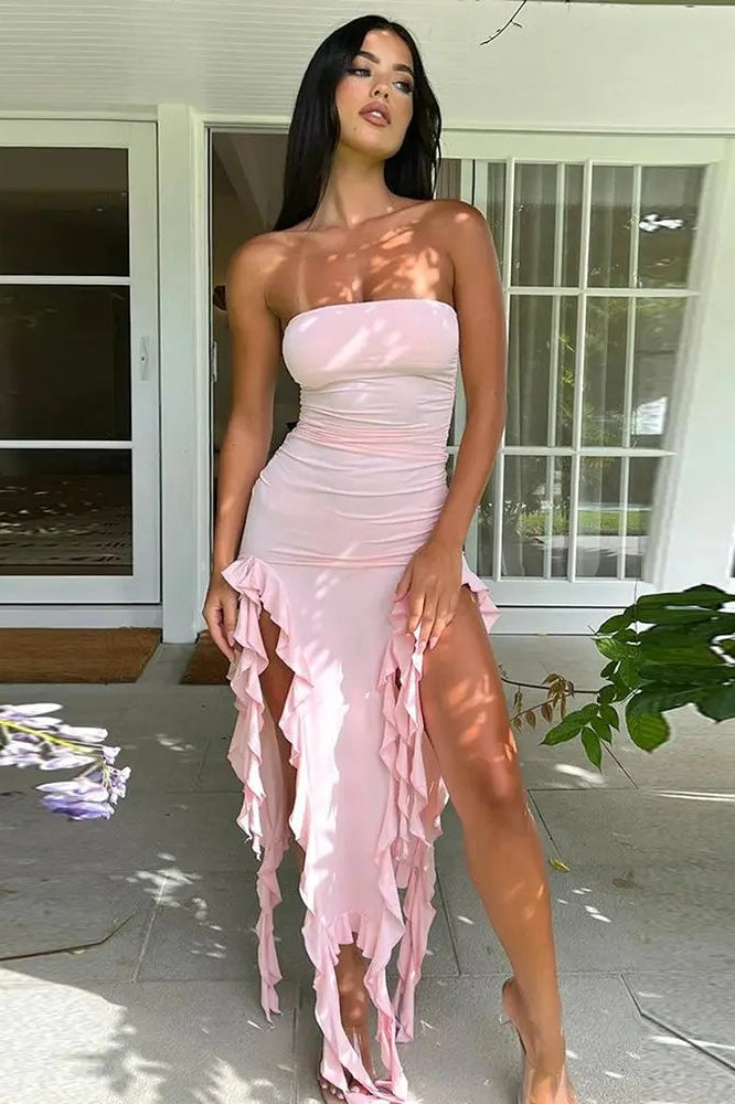 Ruffle Strapless Beach Vacation Dress