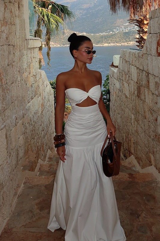 Alluring Hollow Strapless Maxi Vacation Dress