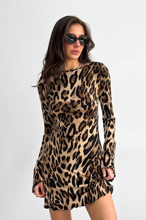 Knit Leopard Round Neck Mini Dress