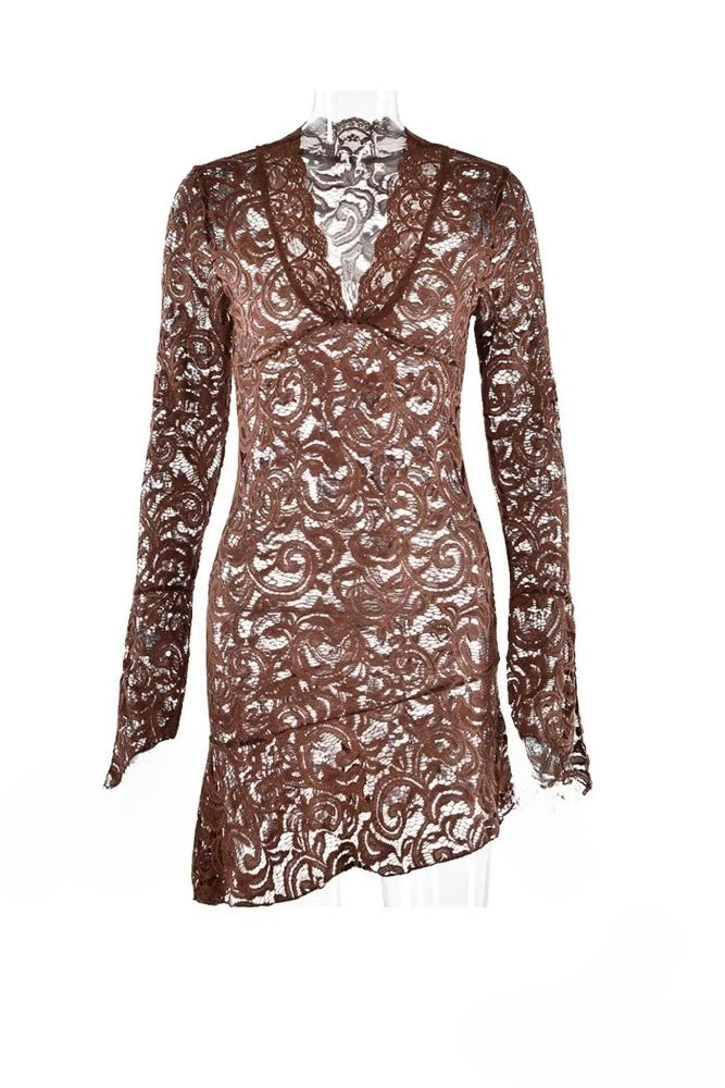 Neck V Flares Sleeve Lace Dress