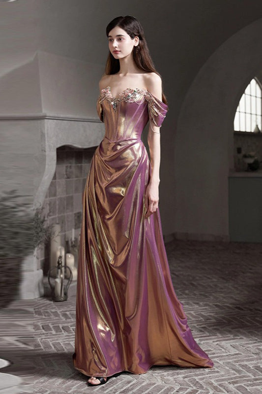 Off Shoulder Ruched Satin Graceful Prom Dress