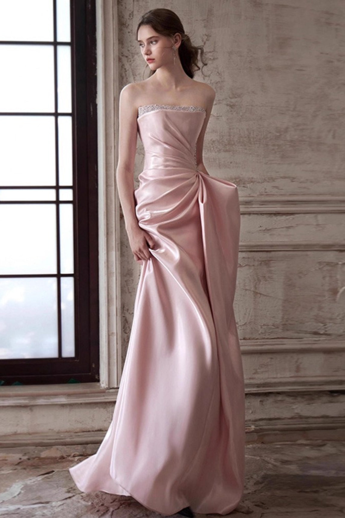 Pink Strapless Graceful Waist Slimming Prom Dress