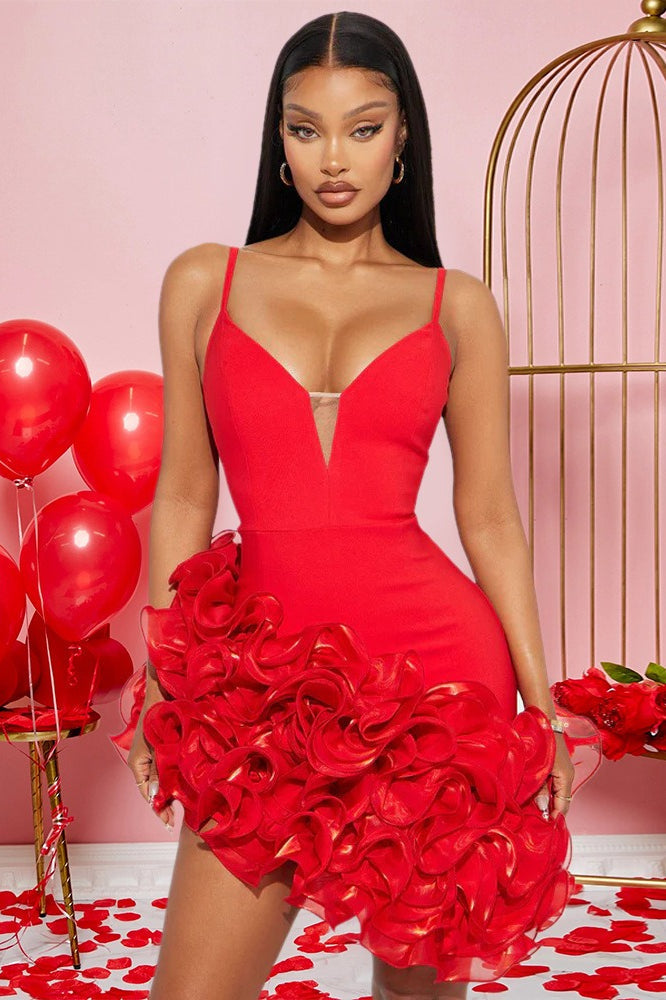 Alluring Solid Spaghetti Strap Ruffled Asymmetric Mini Dress