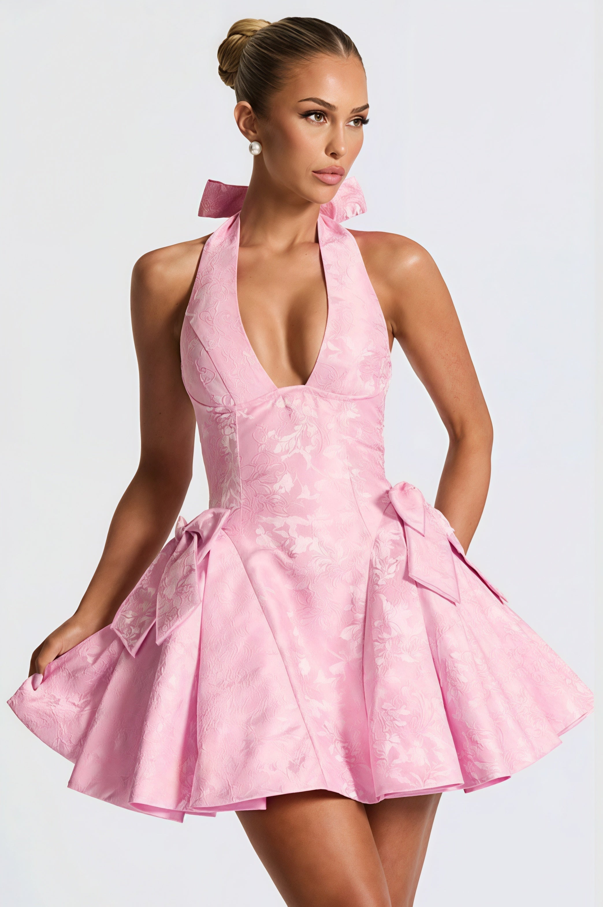 Alluring Halter V Neck Jacquard Mini Dress